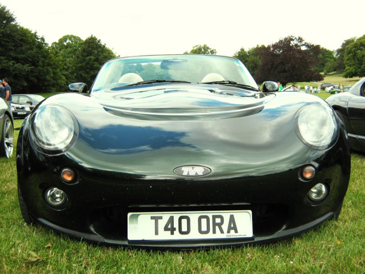 Manor Pistonheads Motors - The image features a sleek black sports vehicle parked on a vibrant green field. The car is positioned diagonally, likely relative to the camera, accentuating its design. The license plate reads "T40 ORA," suggesting it may be from a club or a region with specific licensing criteria. In the background, there are other vehicles and trees, giving a sense of a park or outdoor event. The vehicle's roof and a rear window are visible, adding to its overall aerodynamic appearance.