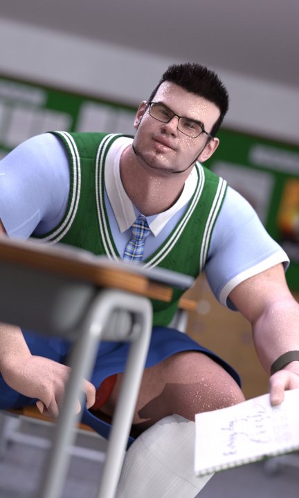 A man sitting on a bench holding a baseball bat - The image appears to be a digital rendering or illustration rather than a photograph. It features an animated character, specifically a man, standing in front of a classroom desk with a book on it. He is dressed in a blue and white striped dress shirt, a green tie, and a pair of eyeglasses. The character has a beard and mustache, along with a somewhat smug or confident expression. He is wearing a school uniform that consists of a sweater vest, tie, and shorts. In the background, there's a chalkboard with various writing on it, which looks like typical classroom graffiti.