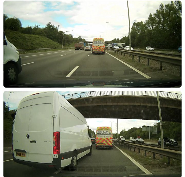 Worth reporting this 'driver'? - Page 11 - Speed, Plod & the Law - PistonHeads - The image is a split-screen view of two different scenes. On the left, there's a roadway with vehicles including a white van and cars, showing an active traffic situation under what appears to be overcast or cloudy skies. On the right, the image shows the same vehicle, which looks like a white van, parked on a residential street lined with houses, with no other visible vehicles. The style of the photo is that of a before-and-after comparison or a juxtaposition between two different moments.