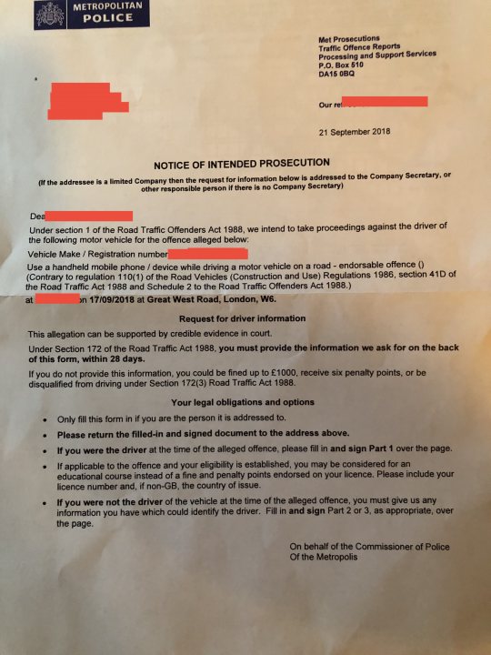 Videoed by Cyclist on Phone = NIP - HELP !  - Page 1 - Speed, Plod & the Law - PistonHeads - The image is of a letter from the Metropolitan Police in London, inviting further inquiries regarding an alleged traffic violation. The document is written in English and is addressed to a Mr. Brown, referencing a notice sent on September 21, 2018. It references a notice of intended prosecution in connection with the Road Traffic Act 1988 for taking proceedings against the driver of a vehicle. It also requests for the collection of information by either addressing a response on the back of the letter or by completing an attached form and returning it by due date. The address is provided at the bottom of the image. The notice indicates that failure to either return the form or provide the required information may lead to legal action.