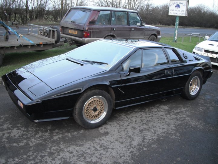 Pistonheads - The image showcases a black sports car with gold rims, parked on the left side of the frame. The car is sleek and low to the ground, reflecting a classic design. The setting appears to be a parking lot with grass on the ground, and several other less distinguishable cars are parked around the lot. There's a truck parked on the left side of the frame and a sign in the background, though the text on the sign is not clearly legible. The lighting and the clear visibility suggest it's daytime.