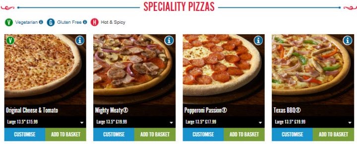 Pizza thoughts UK - Dominos, Papa Johns or Pizza Hut? - Page 4 - Food, Drink & Restaurants - PistonHeads - The image is a screenshot of a food ordering website or app. It displays the list of speciality pizzas, showcased in an attractive layout with price points mentioned below each type. There's a prominent text in the top left corner advertising the availability of pizzas with customizable toppings. The overall design is clean and user-friendly, with a color scheme that includes red accents and a dark background which enhances the readability of the text. The website seems to offer a variety of pizza options for users to choose from.