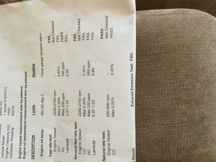 1 series MOT emissions fail - Page 1 - BMW General - PistonHeads - This image shows a printed sheet of paper with various columns displaying numerical data and percentages. The paper features an organized table with headers that are usually associated with automotive specifications. The text appears to be scalded, indicating it has already been viewed by a person. At the bottom right of the paper, there's a line titled "April 2023," though the context or purpose of this is not clear from the image. Additionally, there is a reference number in the bottom right corner, which is common in blueprint or plan layouts. The overall look of the image is that of a technical document with specialized terms and units.