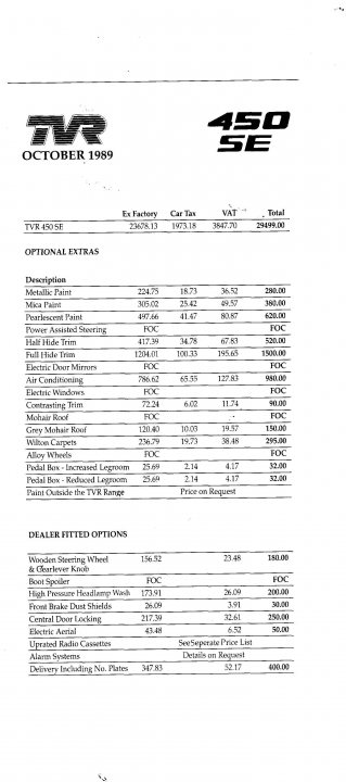 Cost Pistonheads - The image displays a printed document titled "TVR 6 SE OCTOBER 1989". The document is neatly organized in text format, listing items under categories like 'Description', 'Base Price', and 'Software'. There's also information on payment options and specific lines of the listed items. Overall, the document appears to be a sales, purchase, or invoice relating to an electronic component, mentioning "1 TVR 6 SE". The structure of the document suggests it could be a bill or customer statement.