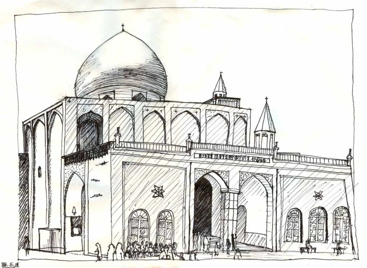 The image shows a detailed hand-drawn sketch or blueprint of a building. It is a structure with a tall central dome, indicative of an Islamic architecture style. Flanking the central dome are two minarets and a central tower. There is an arched entrance leading to the main building. The surroundings suggest a courtyard with various decorative elements. There are numerous geometric patterns and Arabic script around the building, adding to the cultural character. The drawing appears meticulous, possibly outlining a planned construction or representing an existing landmark.