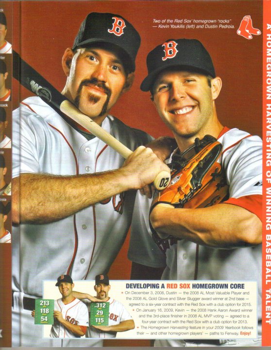 Sox Red - This is an album page featuring two Boston Red Sox baseball players. Both players are holding a baseball bat, smiling toward each other, showcasing hardwood and bat imagery. They are wearing their team's uniforms, and one player is wearing a brimmed baseball cap. The page is filled with various stats, logos, and text related to baseball, both in English and another language that is not specified. The background of the page is a gradient of orange to red with a baseball antenna visible on the left side.