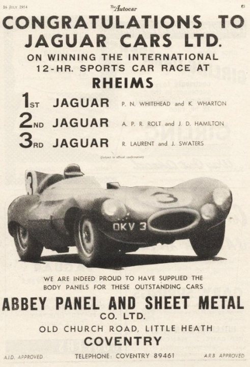 Pistonheads - The image features a vintage advertisement for Jaguar Cars. The main focus of the ad is a large, eye-catching image of a racing car, suggesting its speed and performance capabilities. Above the car, there's text that reads "Congratulations to Jaguar Cars Ltd." This implies recognition or accolades for the brand.

The car is not alone in the advertisement. It's accompanied by text that provides information about the model and the racing results of the Jaguar team. The text includes numbers 1, 2, 3, and 4, likely indicating the positions of the cars in a race.

Additionally, there are details provided about the drivers. The names "Abbey Panel" and "Sheet Metal" are mentioned, which could refer to the companies or individuals associated with the car's bodywork or construction.

The overall layout and design of the advertisement suggest it is from a past era, given the typeface used for the text, the style of the car illustration, and the aesthetic of the advertisement itself. This ad serves as a historical snapshot into how Jaguar Cars marketed its racing cars at the time.