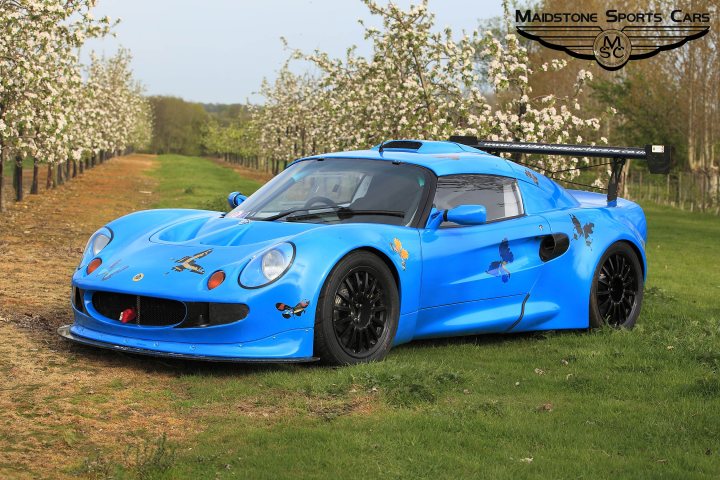 Damien Hirst Designs Lotus Cup UK Car - Page 1 - Elise/Exige/Europa/340R - PistonHeads - The image features a bright blue sports car parked on a grassy area in the countryside. The car is positioned near a hedge and is flanked by cherry blossom trees, suggesting the season is spring. The vehicle's design is sleek and sporty, with large air vents and black wheels. There is a watermark in the lower right corner with the text "MAIDSTONE SPORTS CARS."