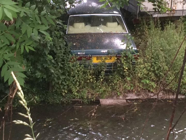 Spotted Ordinary Abandoned Vehicles - Page 57 - General Gassing - PistonHeads - The image shows a small car parked by the side of a road, surrounded by lush greenery. It appears to be an older model vehicle with a distinctive color scheme. The car is partially obscured by a tree and a bush, adding to its quaint charm. In the background, there's a body of water, suggesting that the road may be near a river or lake. The overall atmosphere of the image is tranquil and idyllic.