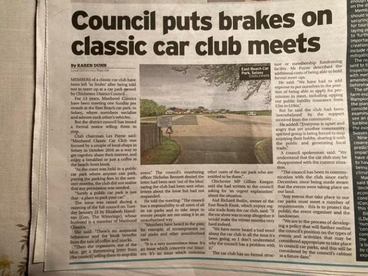 Manhood classic - East beach  - Page 1 - Events & Meetings - PistonHeads UK - The image displays a newspaper page featuring an article about the Council. The headline reads "Council puts brakes on classic car club meets". There is a photograph of a classic car meeting, showing a street with parked cars and people in casual clothing standing around. A subheading states that the meeting was held without incident or any complaints to the council. The article notes that while the council has historically been supportive of such events, it is now taking action to regulate them due to safety concerns. The newspaper is from a local publication, as indicated by the logo and name at the top of the page.