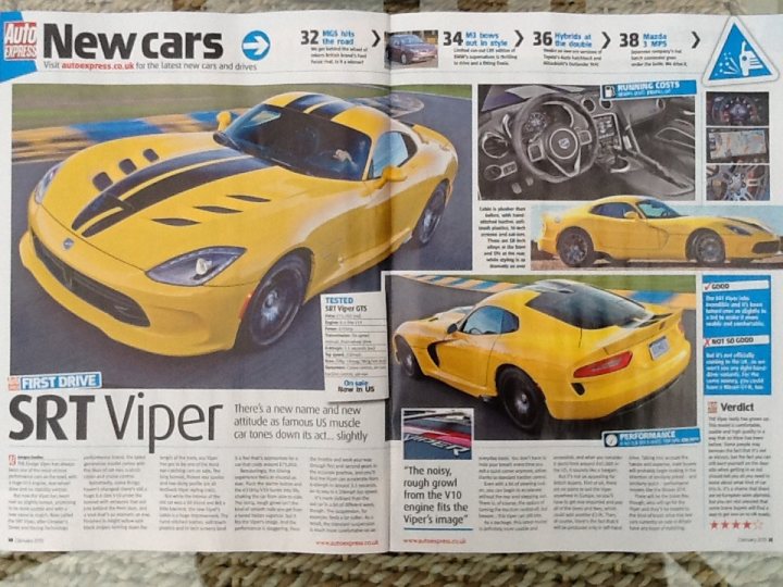 SRT Viper review in this weeks Auto Express - Page 1 - Vipers - PistonHeads - The image is a page from a magazine focused on new cars, specifically a feature on the SRT Viper. The source of the newsletter is mentioned as Auto Express in the top left corner. The main section of the page prominently displays a vibrant yellow SRT Viper sports car in two different angles, one from the front-left side and the other from a rear-side perspective. There are numerous text and graphics throughout the page, which likely includes information on the vehicle's specifications, reviews, and other relevant details about the SRT Viper model.