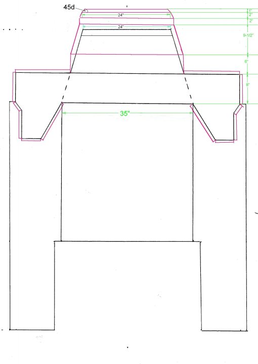 Monocoupes Pistonheads Kit Aluminium - The image appears to be a technical drawing or blueprint of a structure, possibly architectural or mechanical. It includes various measurements and angles, with dashed lines indicating separations or framework. The main elements are rectangles and a protrusion from the center. The most prominent feature is a triangular shape projected from the center, labeled with measurements in inches. There are measurements like "45" and "35" indicating dimensions of different parts. There's green and red hatching, which are commonly used in technical drawings to differentiate between surfaces and edges.