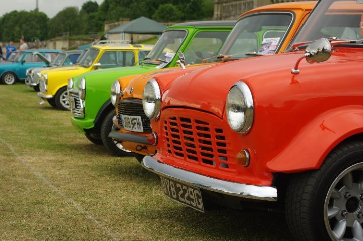 Brighton London Pistonheads - The image showcases a lively vintage car rally, with a line of classic cars parked side by side on a grassy field. The cars are a splash of color, ranging from a resplendent red to more subdued tones like green and blue. The cars' old-fashioned design and vibrant colors add to the nostalgic atmosphere of the event. In the background, spectators can be seen, their faces hidden as they enjoy the display. The setting seems to be outdoors, likely on a sunny day given the shadow cast by the cars. The image captures the charm and allure of classic car collecting, evoking a sense of timeless elegance.