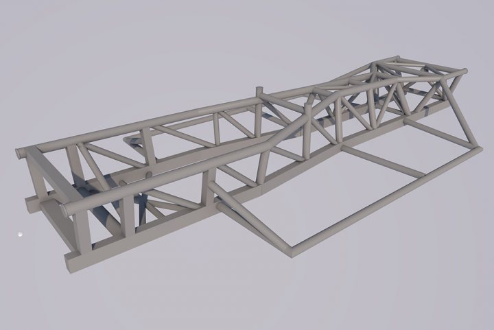 Griff chassis diagram - Page 2 - Griffith - PistonHeads - The image presents a 3D rendering of a curved metal truss structure. This structure seems to be an essential element of an unseen deck or platform, given the visible screw heads at its connection points. The truss is suspended by vertical supports, adding to its sturdy appearance. The structure's shape suggests a curvature, indicating that it might be intended for a non-flat surface or design element. The interior of the truss is also detailed, revealing the intersecting struts that reinforce its strength.