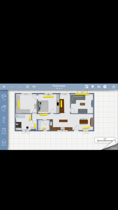 Cost for plumbing first fix - Page 1 - Homes, Gardens and DIY - PistonHeads - The image displays a screenshot of a building design layout from a software application, likely a floor plan or structural design interface. The layout shows a white grid with various shapes, lines, and annotations in different colors, representing walls, doors, and other architectural elements. It appears to be a digital blueprint or schematic for a building or space, possibly educational or software development related. The application interface includes icons, drop-down menus, and a measurement tool to the top right of the layout. There is a window icon and a piece of paper icon on the left side, suggesting tools for modifying the layout.