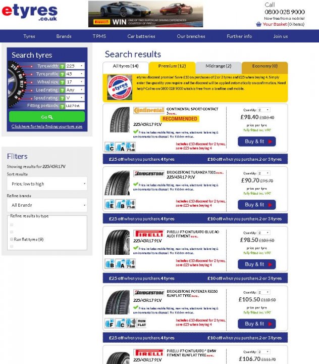 Winter tyres for 3 series - help - Page 2 - BMW General - PistonHeads - The image displays a screenshot of a webpage from the eTyres website. The webpage features a search for a vehicle type with specific details like size, age, and number of tyres. There's a prominent yellow banner across the top with text that appears to be an advertisement. Below the banner, on the left side of the page, there's a contact information and a section titled "Contact Us". The rest of the page is mainly occupied by a list of tires along with pricing and availability details. The colors of the scheme include black, white, blue, and yellow. There is a navigation bar at the bottom of the page. The overall layout suggests a commercial user interface, designed to facilitate a vehicle tyre shopping experience online.