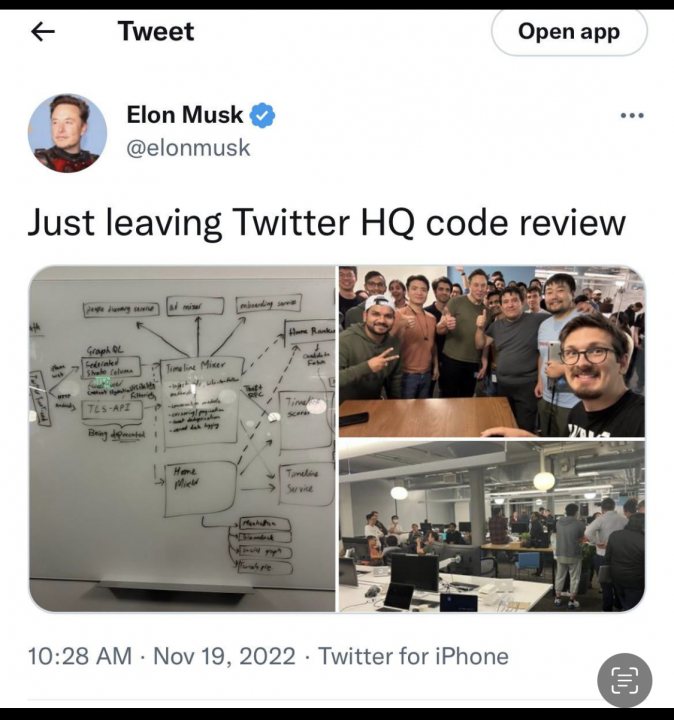 Elon Musk $41B offer for Twitter - Page 157 - News, Politics & Economics - PistonHeads UK - This image features a Twitter post by Elon Musk, CEO of Tesla and SpaceX. The tweet includes three images: a photo of Elon Musk posing with a group of people at an event, a whiteboard with diagrams, and a picture of the Twitter headquarters with people in the background.