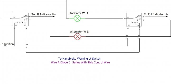 My Fix For Alternator Lt On After Start-up Until High Revs - Page 1 - S Series - PistonHeads - The image is a schematic representation of an electronic circuit. There are three main elements depicted: two resistors labeled as "RH Indicator Lt" and one contacts-based sensor labeled as "Inductive bulk contacts. To RH Indicator Lt". There's an arrow indicating a direction for the circuit to follow, and the connection between the resistors and the contacts sensor is shown as well. The text at the bottom of the image states, "To handbrake warning Lt switch - Ignores A DE/PLUSB" which suggests this circuit is designed for a particular warning system in a car.