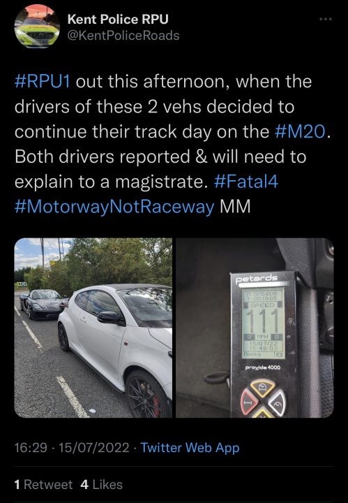 Brands Hatch ****s - Page 1 - Track Days - PistonHeads UK - The image shows a screenshot of a social media post with a tweet by Kent Police. The photo within the tweet displays a parking lot scene. There is a vehicle parked in the background, and a device resembling a speedometer or parking meter is visible on top of it. The text of the post includes hashtags related to #KentPolice and mentions an investigation.