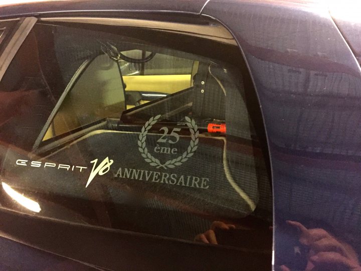 New Addition - 25th Anniversary Esprit V8  - Page 1 - Esprit - PistonHeads - The image captures the driver's side window of a car, adorned with a reflection of a person's hand, possibly on a selfie. The most striking feature is a logo in French that translates to "25th Anniversary," suggesting the vehicle might be a model marking its 25th year of production or an anniversary edition. The car appears to be a modern sedan, characterized by its sleek design and shiny surface. The reflection of the text and the hand gives the photo a touch of curiosity, hinting at the connection between the owner of the hand and the car.