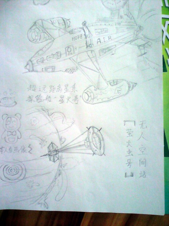 A pair of scissors sitting on top of a table - This image contains a series of hand-drawn sketches in Chinese on a paper surface. The drawings depict military aircraft from different eras. The top drawing shows a modern fighter jet, and the bottom drawing features a classic propeller plane from an earlier era. In the backdrop, there are also other similar drawings, suggesting a continuation of the technological advancements in aviation.