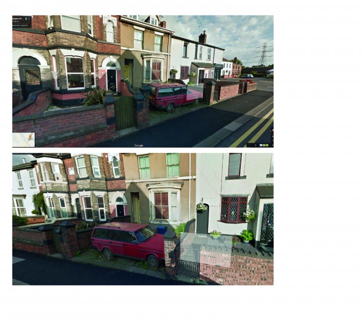 Spotted Ordinary Abandoned Vehicles - Page 8 - General Gassing - PistonHeads - This image is a composite of two similar photos which appears to be of a residential street. In the upper photo, there is a red car parked in front of a white house with a red shed to the left, while the lower photo depicts a white building with no car present. The street appears to be quiet with some greenery visible. The images appear to be manipulated, with traits in the upper photo not present in the lower, such as a more colorful house and more heightened shadows, which suggests that the upper photo may be altered or enhanced.