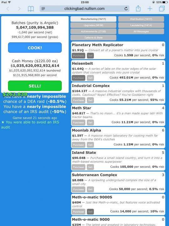 Clicking [Breaking] Bad - Web based meth empire - Page 10 - Video Games - PistonHeads - The image captures a digital interface of a financial management website or application. The main focus is on a list of batches, each with various statistics attached. This list includes results from a purity isotope analysis of a catalyst named "Angelic" which is at the top of the list. Motifs include terms such as "Cook", "Amount", "Negative feature", "Methane", "Methyl", "Methyl alcohol", "Methylformate", "Oil in gas", "Moon", "Helium", "Steel", "Hydrocarbon", and "Natural Gas". The interface uses a combination of blue, grey, and green colors for icons and text, with prices displayed in two different currencies. The scene suggests a complex analytics dashboard used for business or science applications.