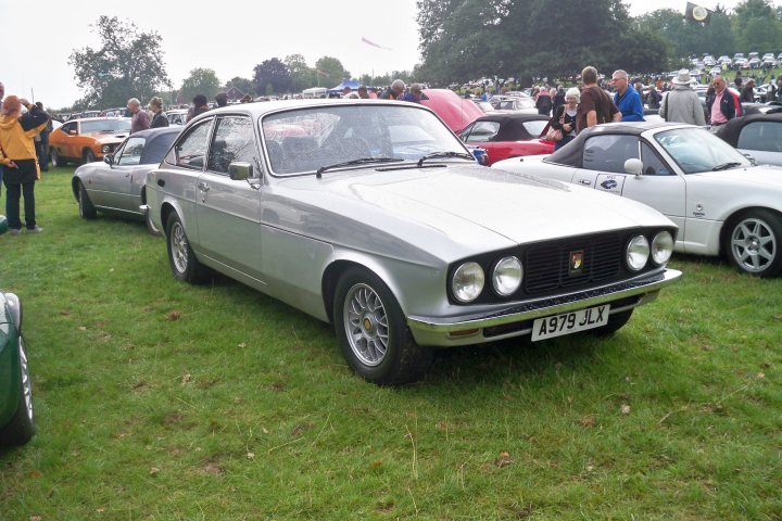 Thornfalcon Pistonheads Heavy - The image presents a serene scene at a different show, showcasing a range of classic and iconic cars. Dominating the scene is a white coupe, a classic model, possibly of Italian origin. Other cars are visible, parked in a grassy area with neatly trimmed grass. The setting suggests a car show or exhibition, with attendees standing around, appreciating the vintage and unique designs of these classic cars.