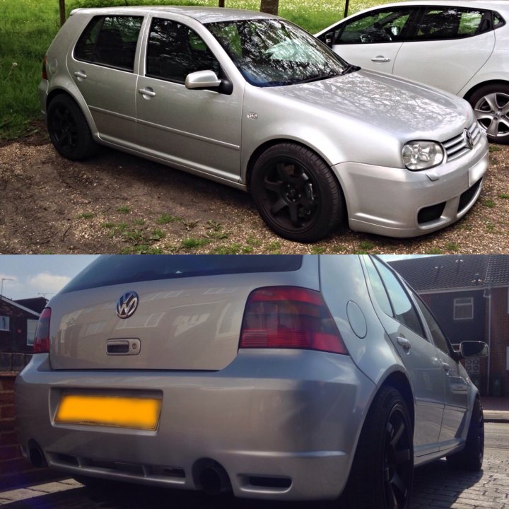 Daily driven 500bhp Golf - The image is a two-part compendium of a silver Volkswagen car on a gravel road. The left side shows the rear three-quarter view of the car, emphasizing the car's sleek lines and the distinctive logo on the trunk. The right side gives a closer perspective on the front of the car, highlighting its prominent grille and the car's overall design. The setting is outdoor with the car parked on a gravel drive next to a grassy area with a tree, and there are two other cars in the distance as well as a solitary figure captured in the middle between the two images, perhaps a person passing by.