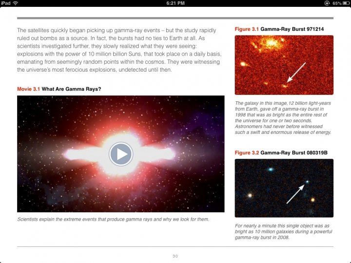 Free NASA book about Hubble on iBooks store... - Page 1 - Science! - PistonHeads - The image captures a page from a digital book or article. The page is divided into three sections, each containing different types of graphics and text. At the top of the page, there is a header with the title "What Are Gemma Rays?" followed by a description of the phenomenon, discussing the discovery of these rays and their relationship with other cosmic events. The text also references a figure on the page labeled as "Figure 3.1."

In the middle of the page, there is a prominent image depicting a plasma bolt or plasma stream within a dense space background that features stars, which suggests the celestial context. This image is accompanied by a label pointing to two specific stars, indicating their significance in the context of the article.

Below the mid-section image, there is a brief paragraph discussing the discovery and the understanding of these phenomena under the subtitle "Science explosions in the extreme events that produce gamma rays and why we look for then."

The bottom of the page displays a watermark or timestamp showing the date and time the image was captured. The overall layout and the content on the page seem to be a section from a scientific article or book, dedicated to explaining