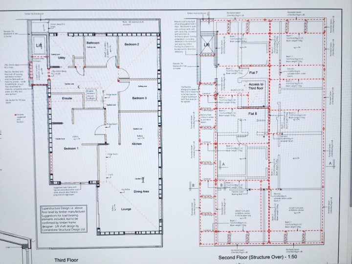 The Penthouse has started. - Page 2 - Homes, Gardens and DIY - PistonHeads - This is a high-resolution image of a black-and-white architectural floor plan for a two-story house. The plan features labeled rooms such as a "Master Suite," "Bathroom," "Kitchen," and a "Living Room." It also shows measurements and annotations for doors and other architectural features. The image displays details like window placements, stairs, and different types of flooring, such as carpets and tiles.