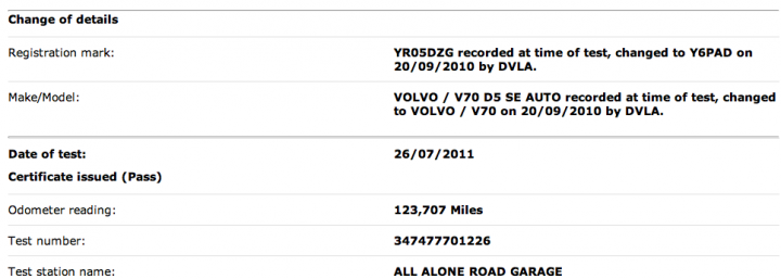 V70 170 bhp - does it feel underpowered - Page 2 - Volvo - PistonHeads - The image shows a text line displaying a sequence of information, likely from a form or inventory system. It includes details about parking, a document number, serial numbers, and information about an optional change to a vehicle as part of a certification process. The text suggests it may be from a vehicle inspection or registration context.