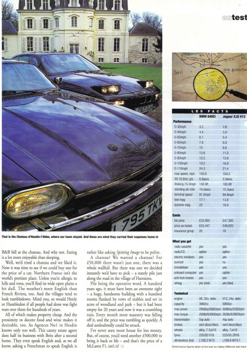 The image appears to be a scan or a photograph of a page from a magazine or newspaper, showcasing two cars parked on a lawn with a building in the background. The title at the top of the page says "Comprehensive test of two frontrunners." Below the title, there are performance figures written in French that categorize the two vehicles by performance characteristics such as top speed and acceleration. The text on the page provides a review and comparison of the two vehicles, with a focus on build quality and the driving experience. The page layout includes tables with data, as well as written content that discusses the vehicles' features and performance.