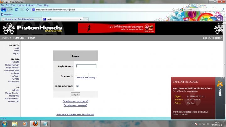 Virus Pistonheads Threat Detected - The image shows a computer screen, specifically a webpage from a platform called "PistonHeads". The webpage offers a block where you can "ENTER MEMBER NAME" and "ONE CLICK LOGIN", indicating a function to quickly log users onto the site. 

There appears to be an "REMEMBER ME" checkbox, a common feature that allows users to persistently stay logged in until they manually log out. 

The background of the page features a vibrant, colorful pattern with varying shades of pink, yellow, and blue, adding a lively and inviting aesthetic to the site. 

Lastly, there's a red banner with the word "EXPLOIT" in white, suggesting the website is advising caution in regards to something, though the specific context is not provided in the image.