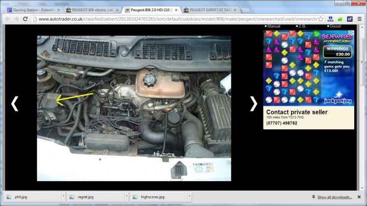 Any idea what this is? - Page 1 - French Bred - PistonHeads - The image displays a computer screen featuring a web browser open to a page with a photo of a car's engine bay. This car appears to have typical mechanical components, including an alternator, battery, and a variety of tubes and wires. The bottom part of the screen shows a pop-up window advertising a casino-like game with the title "Jewel Jackpot." The text on the screen is in English, with one notable text "Contact private seller" indicating an offer for sale.