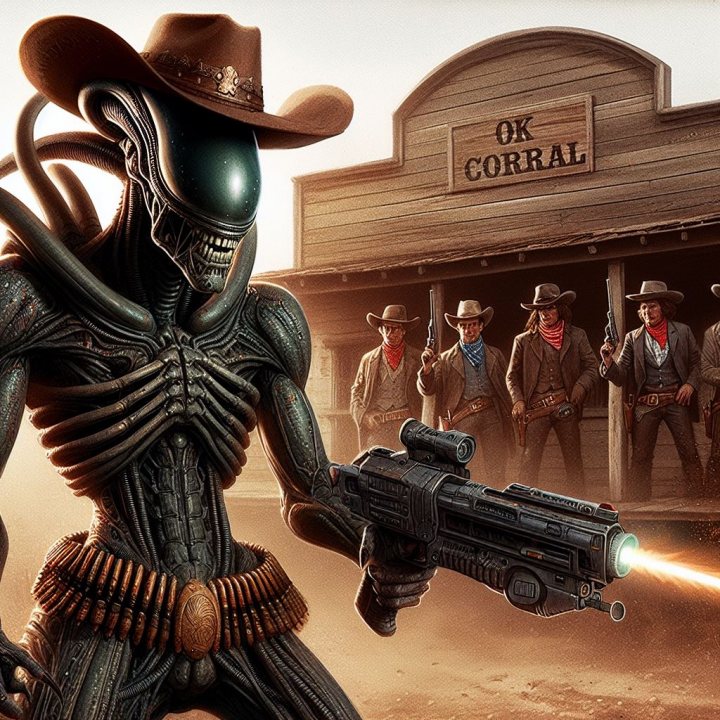 Pistonheads - The image features an extraterrestrial figure, a tall, slender alien with a long neck and large, expressive eyes. It is standing in the center of the frame, holding a gun in its right hand. Above the alien's head, the text reads "OK CORRAL." The background shows a group of people, possibly law enforcement officers or cowboys, positioned behind the alien, facing away from it. They are wearing hats and holding guns. The setting appears to be an old Western town, with buildings visible in the background. The overall atmosphere of the image is reminiscent of classic Western films, combined with a sci-fi twist due to the presence of the alien.