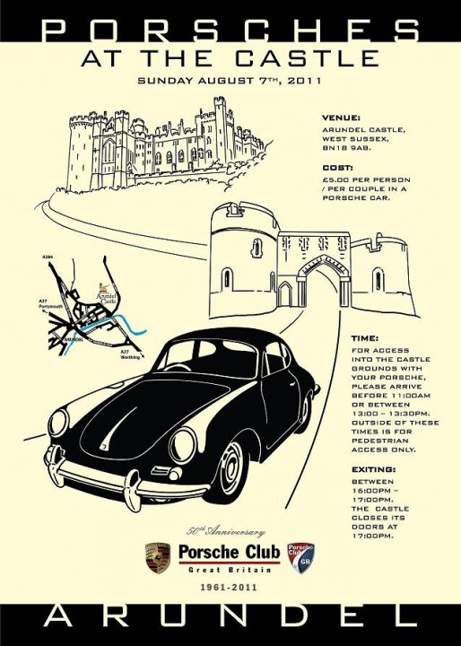 Goodwood Breakfast Club, Pre 1966 classic sunday - Page 1 - Goodwood Events - PistonHeads - The image is a promotional flyer for an event at the Porsche Castle. The main theme of the poster is black and white, with the Porsche Club Rheinland International featuring prominently. The eye-catching detail is a large illustration of the Porsche Castle. The overhead view is sketched and placed below the actual drawing. The poster provides essential information such as the venue, entry fees, and timings of the event, accompanied by the event date, August 7, 2011.