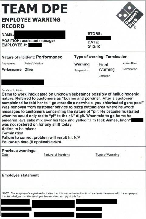 Pistonheads Delivery Advice Pizza - The image shows a form titled "Team DPE Record" from Domino's Pizza. The first section of the form is labeled "EMPLOYEE WARNING RECORD," indicating a workplace incident where an employee warned others of a potentially dangerous situation. The text at the top reads "Not to be taken as an incident". The rest of the form is hidden, obscured by a black box, making it unable to view specific details. The form contains a store identification number, a date field marked as 2/12/10, a performance indicator tab, and warning notices on the bottom left.