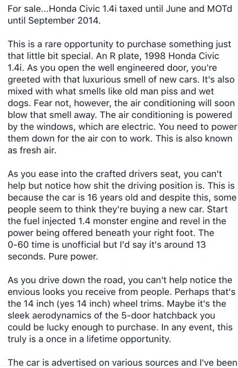 Selling on gumtree is exhausting - Page 1 - The Lounge - PistonHeads - The image contains a humorous list, possibly criticism or commentary on the awareness and economic impact of the Honda Civic. It refers to the well-documented demand and sales for the car, mentioning tax evasion strategies and how it doesn't seem like the car gets better with time. The list is presented in a casual, handwritten style and conveys a sense of sarcastic commentary.