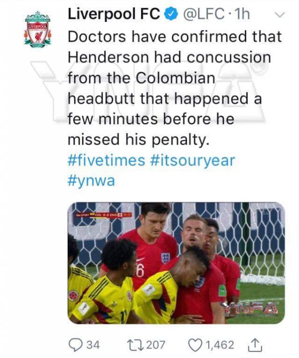 The Official England Thread-The Team We All Support [Vol 2] - Page 501 - Football - PistonHeads - The image shows a tweet from Liverpool FC with a photo of a group of soccer players on a field. They're wearing red and yellow jerseys, and there are goals in the background, suggesting they are on a soccer field. The headline of the soccer update is minimized, but it indicates Liverpool's involvement, specifically doctors and Henderson having confirmed that the Colombia player had a concussion. The journey in referencing the year "2018" and utilizing hashtags like "#FIFATime". The tweet has gained a high number of likes and retweets.