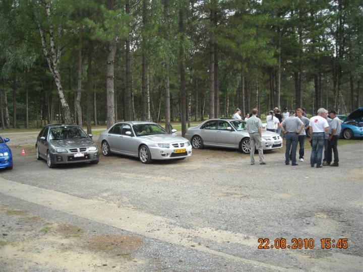 Pistonheads - The image depicts a group of cars parked in an open area with dense trees in the background. There are four cars visible, each unique in color and model. A gathering of individuals can be seen interspersed among the cars, with some walking between them. The scene appears to be outdoors, possibly indicating a meetup or event. The image is a color photograph taken during the day under natural lighting.