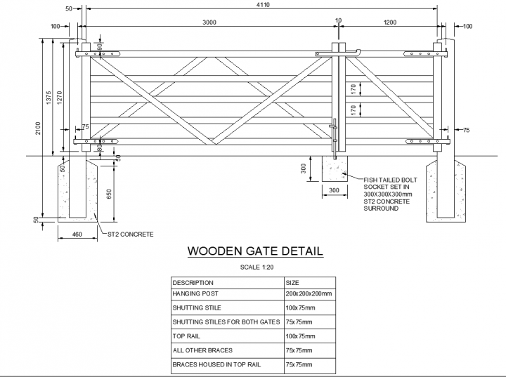 Accoya for fence posts? - Page 1 - Homes, Gardens and DIY - PistonHeads - The image displays a black and white architectural drawing of a gate. It shows the gate's structure, including vertical posts and horizontal rails that form its shape. There is detailing the materials used in construction, such as wooden planks for the gate panels. The drawing includes dimensions, which are written in inches, indicating the gate's height and width. Additionally, the gate has been named "WOODEN GATE" and is detailed to have a "Wooden Gate Detail." The style of the image suggests that it is likely part of an architectural design or construction document.