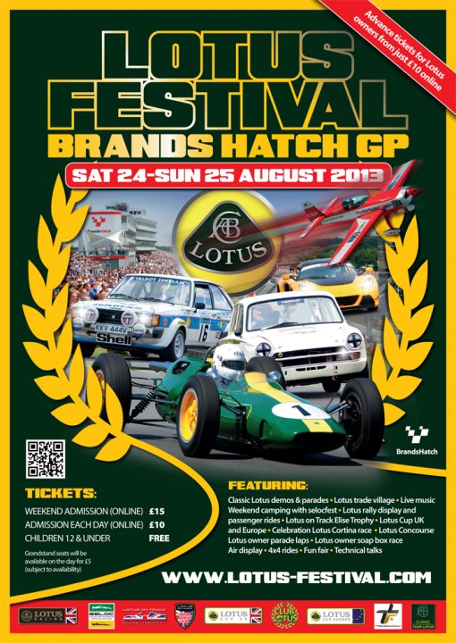 A sign that says `` <UNK> '' on a wall - Pistonheads - This image is a promotional poster for a Lotus Festival featuring brands hatch cars. The main visual is a green Lotus rally car prominently displayed at the center, suggesting speed and agility. Above the car, there are pictures of the Lotus logo on a yellow background, indicating the brand identity. The poster announces the event location and dates on the top side. On the left side, there's a QR code that presumably links to the event's website or ticket purchasing. Lastly, on the bottom side, there is a list of features and attractions at the festival, alongside logos of venue partners and location, which hints at the nature of the event beyond what is visible in the poster.