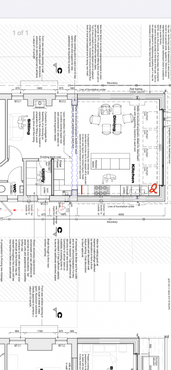 Help me with kitchen layout - Page 1 - Homes, Gardens and DIY - PistonHeads - The image shows a computer-generated floor plan for a residential building. It's a grayscale, semi-transparent overlay on a photograph of the actual structure. The floor plan includes labeled rooms and spaces such as a 'kitchen,' 'bathroom,' and an 'Office.' Various furniture items are depicted within the rooms, and there are annotations indicating dimensions and potential layouts.