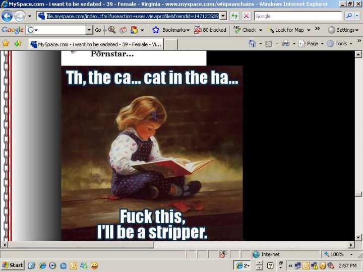 The image features a child seated on a bench surrounded by piles of books. The child appears to be in a moment of discovery, holding an open book and looking intently at the content. Above the image, there is a text that seems to be a meme, reading "Th, the ca... cat in the ha... fuck this, i'll be a stripper." The image also shows the computer desktop with various windows open, indicating a multitasking environment.