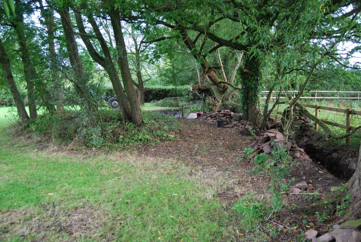 A red fire hydrant sitting in the middle of a forest - Pistonheads - The image portrays a serene rural scene. A wooden fence, constructed from different log lengths, bisects the frame, leading towards a cluster of lush trees. The dirt field area, appearing well-trodden and fertile, is delineated by patches of wildflowers. A small red vehicle is parked on the left side of the image, perhaps indicating human presence or activity. The overall scene exudes a sense of tranquility and seclusion.