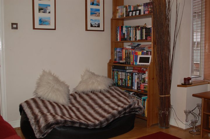 Room Living Pistonheads - The image showcases a cozy corner of a room. A black bean bag chair, adorned with a brown and white striped blanket, is placed in the corner. Positioned next to the chair is a wooden bookshelf housing various books and a television. Above the chair, framed pictures hang on the wall, adding a decorative touch. The room has a wooden floor, and a large window with blinds can be seen in the background.
