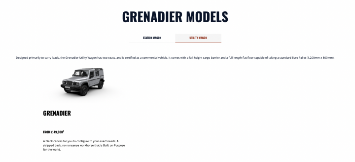 The image showcases a webpage featuring the "GRANADIER MODELS." This could be a car dealership or an automotive-related website. There are several vehicles displayed on the page, including one that is prominently featured in the center of the page. The design of the page is simple and clean, with a white background and black text. The overall layout suggests a focus on presenting the vehicle models clearly to the viewer.