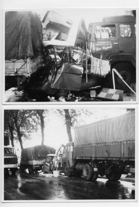 How about a 'period' classics pictures thread - Page 221 - Classic Cars and Yesterday's Heroes - PistonHeads - The image is a diptych capturing two different moments of a traffic accident. In the left frame, a car appears to have crashed into a truck, causing the truck's cab to be ripped away and thrown onto the roof of the cab. The truck's nose can be seen extending into the air. In the right frame, the same truck is seen from a different angle, now on its side by its overturned cab that has landed after being ripped away.
Photographs in black and white, the left half show debris scattered and misplaced, while the right half depicts the aftermath of the crash with vehicles flipped over. The images contrast damage and destruction on the left with mechanical failure on the right, capturing a moment of severe impact.