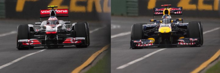 The Official Australian Grand Prix Thread..(WITH SPOILERS) - Page 85 - General Motorsport - PistonHeads - The image displays two cars in a side-by-side position on a racetrack. Both cars are sleek, professional Formula 1 racing cars with prominent sponsor logos, including Red Bull and Vodafone. They are racing on a track with marked lanes, and the cars show signs of speed as they lean into a curve. The setting suggests this is a high-speed race event.